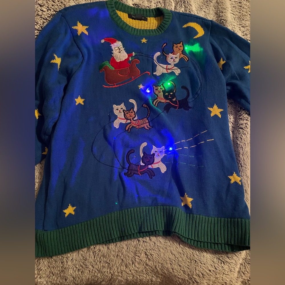 Christmas Sweater- Twinkling lights cats and Santa